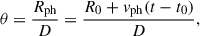 Mathematical equation: $$ \begin{aligned} \theta = \frac{R_{\rm ph}}{D} = {{R_0 + v_{\rm ph} (t-t_0)} \over {D}}, \end{aligned} $$
