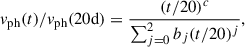 Mathematical equation: $$ \begin{aligned} v_{ \mathrm {ph}}(t) / v_{\rm ph}(20\mathrm{d}) = {(t/20)^{c} \over \sum _{j=0}^2 b_j(t/20)^j }, \end{aligned} $$