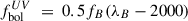 Mathematical equation: $ f_{\mathrm{bol}}^{UV} \ =\ 0.5 f_B (\lambda_B - 2000) $