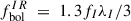Mathematical equation: $ f_{\mathrm{bol}}^{IR} \ =\ 1.3 f_I \lambda_I / 3 $