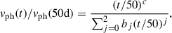 Mathematical equation: $$ \begin{aligned} v_{ \mathrm {ph}}(t) / v_{\rm ph}(50\mathrm{d}) = {(t/50)^{c} \over \sum _{j=0}^2 b_j(t/50)^j }, \end{aligned} $$