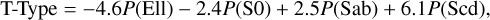 Mathematical equation: \text{T-Type} = -4.6P(\text{Ell}) -2.4P(\text{S0}) + 2.5P(\text{Sab}) + 6.1P(\text{Scd}),
