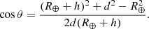 Mathematical equation: $$ \begin{aligned} \cos \theta = \frac{ (R_\oplus + h)^2 + d^2 - R_\oplus ^2 }{2d (R_\oplus + h)}. \end{aligned} $$