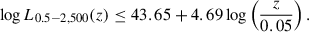 Mathematical equation: $$ \begin{aligned} \log L_{0.5-2, 500}(z) \le 43.65 + 4.69 \log \left(\frac{z}{0.05}\right). \end{aligned} $$