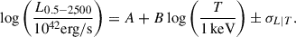 Mathematical equation: $$ \begin{aligned} \log \left(\frac{L_{0.5-2,500}}{10^{42}\mathrm{erg/s}}\right) = A + B \log \left(\frac{T}{\mathrm{1\,keV}}\right) \pm \sigma _{L|T} . \end{aligned} $$