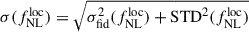Mathematical equation: $ \sigma(f_{\mathrm{NL}}^{\mathrm{loc}}) = \sqrt{\sigma_{\mathrm{fid}}^2(f_{\mathrm{NL}}^{\mathrm{loc}}) + \mathrm{STD}^2(f_{\mathrm{NL}}^{\mathrm{loc}})} $
