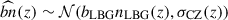 Mathematical equation: $ \widehat{bn}(z)\sim \mathcal{N}(b_{\mathrm{LBG}}n_{\mathrm{LBG}}(z), \sigma_{\mathrm{CZ}}(z)) $