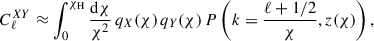 Mathematical equation: $$ \begin{aligned} C_\ell ^{XY} \approx \int _0^{\chi _{\rm H}} \frac{\mathrm{d}\chi }{\chi ^2} \, q_X(\chi ) \, q_Y(\chi ) \, P \left(k = \frac{\ell + 1/2}{\chi }, z(\chi )\right), \end{aligned} $$