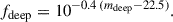 Mathematical equation: $$ \begin{aligned} f_{\rm deep} = 10^{-0.4\,(m_{\rm deep}-22.5)}. \end{aligned} $$
