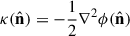 Mathematical equation: $ \kappa(\hat{\mathbf{n}}) = -\frac{1}{2} \nabla^2 \phi(\hat{\mathbf{n}}) $