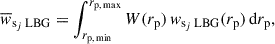 Mathematical equation: $$ \begin{aligned} \overline{w}_{\mathrm{s}_j\,\mathrm{LBG}}=\int _{r_{\rm p,\, min}}^{r_{\rm p,\, max}}W(r_{\rm p})\,w_{\mathrm{s}_j\,\mathrm{LBG}}(r_{\rm p})\, \mathrm{d}r_{\rm p}, \end{aligned} $$