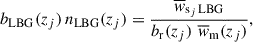 Mathematical equation: $$ \begin{aligned} b_{\mathrm{LBG}}(z_j)\,n_{\rm LBG}(z_j) = \frac{\overline{w}_{\mathrm{s}_j\,\mathrm{LBG}}}{b_{\rm r}(z_j)\,\,\overline{w}_{\rm m}(z_j)}, \end{aligned} $$