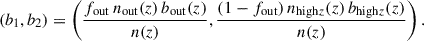 Mathematical equation: $$ \begin{aligned} (b_1, b_2) = \left(\frac{f_{\rm out}\, n_{\rm out}(z)\, b_{\rm out}(z)}{n(z)}, \frac{(1-f_{\rm out})\, n_{\mathrm{high}z}(z)\, b_{\mathrm{high}z}(z)}{n(z)}\right). \end{aligned} $$