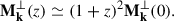 Mathematical equation: $$ \begin{aligned} \mathbf{M}_\mathbf{k}^\perp (z)\simeq (1+z)^2\mathbf{M}_\mathbf{k}^\perp (0). \end{aligned} $$
