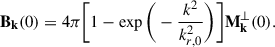 Mathematical equation: $$ \begin{aligned} \mathbf{B}_\mathbf{k}(0)=4\pi \bigg [1-\exp \bigg (-\frac{k^2}{k_{r,0}^2}\bigg )\bigg ]\mathbf{M}_\mathbf{k}^\perp (0). \end{aligned} $$