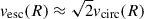 Mathematical equation: $ v_{\mathrm{esc}}(R)\approx \sqrt{2} v_{\mathrm{circ}} (R) $