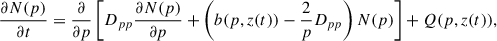 Mathematical equation: $$ \begin{aligned} \frac{\partial N(p)}{\partial t} = \frac{\partial }{\partial p}\left[D_{pp}\frac{\partial N(p)}{\partial p}+\left(b(p,z(t))-\frac{2}{p}D_{pp}\right)N(p) \right] + Q(p,z(t)), \end{aligned} $$