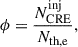 Mathematical equation: $$ \begin{aligned} \phi = \frac{N_{\rm CRE}^\mathrm{inj}}{N_{\rm th,e}}, \end{aligned} $$