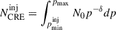Mathematical equation: $ N_{\mathrm{CRE}}^{\mathrm{inj}} = \int_{p_{\mathrm{min}}^{\mathrm{inj}}}^{p_{\mathrm{max}}}N_0p^{-\delta}dp $