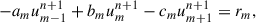 Mathematical equation: $$ \begin{aligned} -a_{m}u_{m-1}^{n+1} + b_{m}u_{m}^{n+1} -c_{m}u_{m+1}^{n+1} = r_m, \end{aligned} $$