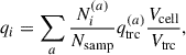 Mathematical equation: $$ \begin{aligned} q_i = \sum _a \frac{N_i^{(a)}}{N_{\rm samp}}q_{\rm trc}^{(a)}\frac{V_{\rm cell}}{V_{\rm trc}}, \end{aligned} $$