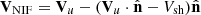 Mathematical equation: $ \mathbf{V}_{\mathrm{NIF}} = \mathbf{V}_{u}-(\mathbf{V}_{u} \cdot \hat{\mathbf{n}}-V_{\mathrm{sh}})\hat{\mathbf{n}} $