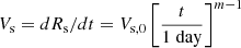 Mathematical equation: $ V_{\mathrm{s}} = dR_{\mathrm{s}}/dt = V_{\mathrm{s,0}}\left[\dfrac{t}{1\;\mathrm{day}}\right]^{m-1} $