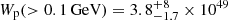 Mathematical equation: $ W_{\mathrm{p}} ( > 0.1\,\mathrm{GeV}) = 3.8^{+8}_{-1.7}\times 10^{49} $
