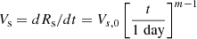 Mathematical equation: $ V_{\mathrm{s}} = dR_{\mathrm{s}}/dt = V_{s,0}\left[\dfrac{t}{1\;\rm{day}}\right]^{m-1} $