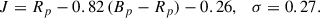 Mathematical equation: $$ \begin{aligned} J = R_p - 0.82 \,(B_p-R_p) - 0.26, \quad \sigma = 0.27. \end{aligned} $$
