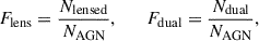 Mathematical equation: $$ \begin{aligned} F_{\rm lens} = \frac{N_{\rm lensed}}{N_{\rm AGN}}, \qquad F_{\rm dual} = \frac{N_{\rm dual}}{N_{\rm AGN}}, \end{aligned} $$