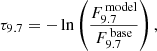 Mathematical equation: $$ \begin{aligned} \tau _{9.7} = -\ln \left( \frac{F_{9.7}^\mathrm{\,model}}{F_{9.7}^\mathrm{\,base}} \right), \end{aligned} $$