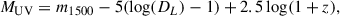 Mathematical equation: $$ \begin{aligned} M_{\rm UV}=m_{1500}-5(\log (D_L)-1)+ 2.5\log (1 + z), \end{aligned} $$
