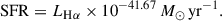 Mathematical equation: $$ \begin{aligned} \mathrm{SFR} = L_{\mathrm{H} \alpha } \times 10^{-41.67} \, M_\odot \, \mathrm{yr} ^{-1}. \end{aligned} $$