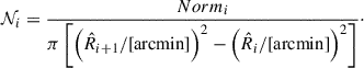 Mathematical equation: $$ \begin{aligned} \mathcal{N} _{i}= \frac{Norm_{i}}{\pi \left[ \left(\hat{R}_{i + 1}/ [\mathrm {arcmin}] \right)^2 - \left(\hat{R}_{i}/ [\mathrm {arcmin}] \right)^2 \right]}\cdot \end{aligned} $$