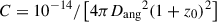 Mathematical equation: $ C= 10^{-14} / \left [ 4\pi {D_{\rm{ang}}}^2 (1+z_0)^2 \right] $