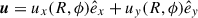 Mathematical equation: $ {\boldsymbol u} = u_x (R, \phi) \hat e_x + u_y(R, \phi) \hat e_y $