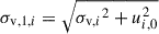 Mathematical equation: $ \sigma_{\mathrm{v},1,i} = \sqrt{ {\sigma_{\text{v},i}}^2 + u_{i,0}^2} $