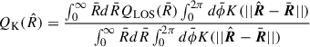 Mathematical equation: $$ \begin{aligned} Q_{\mathrm{K} }(\hat{R}) = \frac{\int _{0}^{\infty } \bar{R} d\bar{R} Q_{\mathrm{LOS} } (\bar{R}) \int _0^{2 \pi } d\bar{\phi } K(||\hat{\boldsymbol{R}} - \bar{\boldsymbol{R}}||)}{\int _{0}^{\infty } \bar{R}d\bar{R}\int _0^{2 \pi } d\bar{\phi }K(||\hat{\boldsymbol{R}} - \bar{\boldsymbol{R}}||)} \end{aligned} $$
