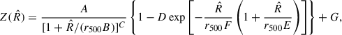 Mathematical equation: $$ \begin{aligned} Z(\hat{R}) = \frac{A}{[1 + \hat{R}/ (r_{500} B)]^C} \left\{ 1-D\exp \left[-\frac{\hat{R}}{r_{500} F} \left(1+\frac{\hat{R}}{r_{500} E}\right) \right] \right\} + G, \end{aligned} $$