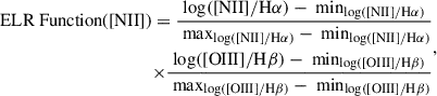 Mathematical equation: $$ \begin{aligned} \begin{split} \text{ ELR} \text{ Function} \text{([NII])} = \frac{\log (\mathrm{[NII]} /\mathrm{H} \alpha )-\text{ min}_{\log (\mathrm{[NII]} /\mathrm{H} \alpha )}}{\text{ max}_{\log (\mathrm{[NII]} /\mathrm{H} \alpha )} - \text{ min}_{\log (\mathrm{[NII]} /\mathrm{H} \alpha )}} \\ \times \frac{\log (\mathrm{[OIII]} /\mathrm{H} \beta )-\text{ min}_{\log (\mathrm{[OIII]} /\mathrm{H} \beta )}}{\text{ max}_{\log (\mathrm{[OIII]} /\mathrm{H} \beta )} - \text{ min}_{\log (\mathrm{[OIII]} /\mathrm{H} \beta )}} \end{split} ,\end{aligned} $$