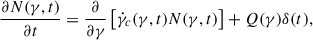 Mathematical equation: $$ \begin{aligned} \frac{\partial N(\gamma ,t)}{\partial t} = \frac{\partial }{\partial \gamma } \left[ \dot{\gamma }_c(\gamma ,t) N(\gamma ,t)\right] + Q(\gamma ) \delta (t), \end{aligned} $$