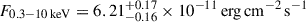 Mathematical equation: $ F_{0.3{-}10\,\mathrm{keV}} = 6.21^{+0.17}_{-0.16} \times 10^{-11}\,\mathrm{erg\,cm}^{-2}\,\mathrm{s}^{-1} $