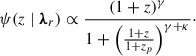 Mathematical equation: $$ \begin{aligned} \psi (z \mid \boldsymbol{\lambda }_r) \propto \frac{(1+z)^\gamma }{1+\left(\frac{1+z}{1+z_p}\right)^{\gamma +\kappa }}\cdot \end{aligned} $$