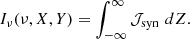 Mathematical equation: $$ \begin{aligned} \begin{aligned} I_{\nu } (\nu , X, Y)&= \int _{-\infty }^{\infty } \mathcal{J} _{\rm syn} \, \, dZ . \end{aligned} \end{aligned} $$