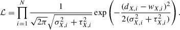 Mathematical equation: $$ \begin{aligned} \mathcal{L} = \prod _{i=1}^N\frac{1}{\sqrt{2\pi }\sqrt{\sigma ^2_{{X},i}+\tau ^2_{{X},i}}}\exp \left(-\frac{(d_{{X},i}-w_{{X},i})^2}{2(\sigma ^2_{{X},i}+\tau ^2_{{X},i})}\right). \end{aligned} $$