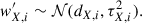 Mathematical equation: $$ \begin{aligned} w^\prime _{{X},i} \sim \mathcal{N} (d_{{X},i}, \tau _{{X},i}^2). \end{aligned} $$