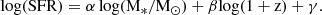 Mathematical equation: $$ \begin{aligned} \mathrm{log(SFR)} = \alpha \log (\mathrm{M}_{*}/\mathrm{M}_{\odot }) + \beta \mathrm{log}(1 + \mathrm{z}) + \gamma . \end{aligned} $$