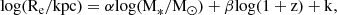 Mathematical equation: $$ \begin{aligned} \mathrm {log}(\mathrm R_{\mathrm {e}}/\mathrm {kpc}) = \alpha \mathrm {log(M}_{*}/\mathrm {M}_{\odot }) + \beta \mathrm {log}(1 + \mathrm {z}) + \mathrm {k}, \end{aligned} $$