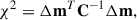 Mathematical equation: $$ \begin{aligned} \chi ^2=\Delta \mathbf m ^T\mathbf C ^{-1}\Delta \mathbf m , \end{aligned} $$